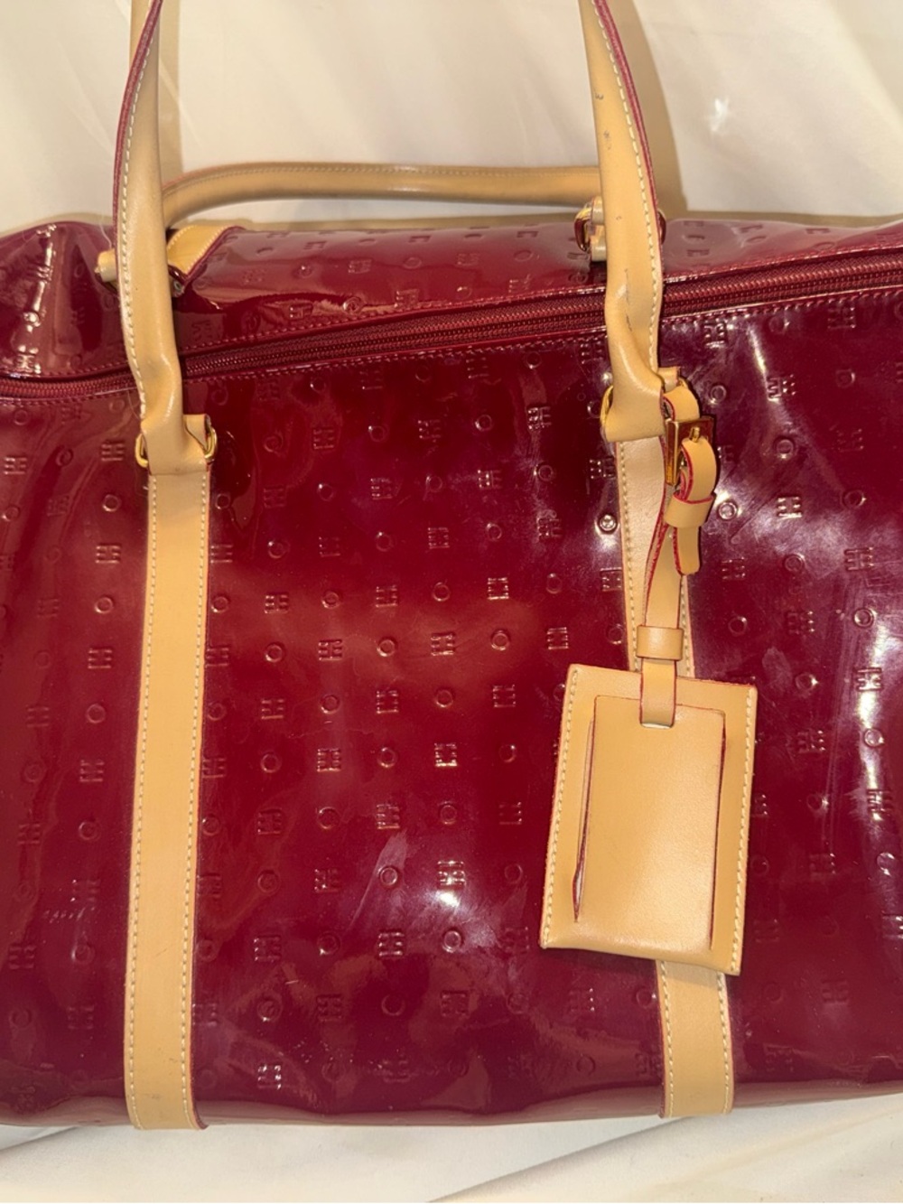 Arcadia Glossy Burgundy Travel Duffle Bag with Tan Trim